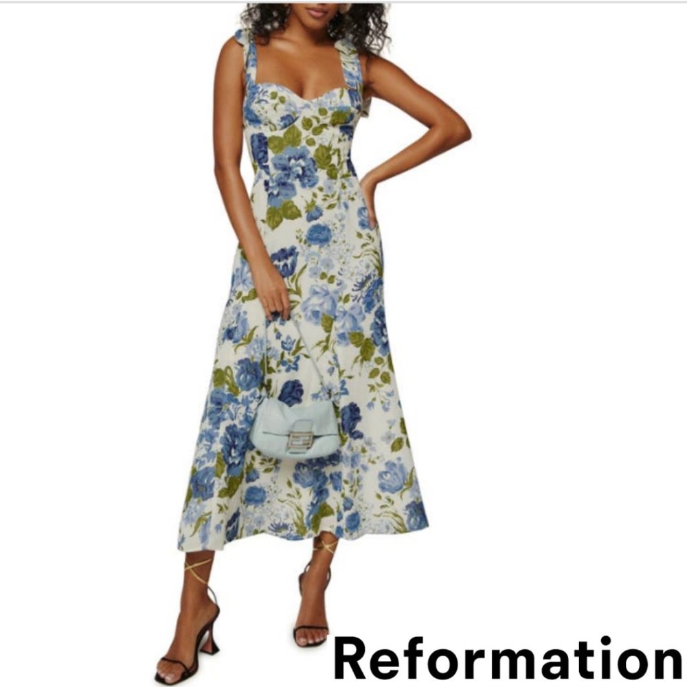 REFORMATION Nadira Tie Strap Dress in Lucca Sweetheart Neck 100% Viscose Size 6